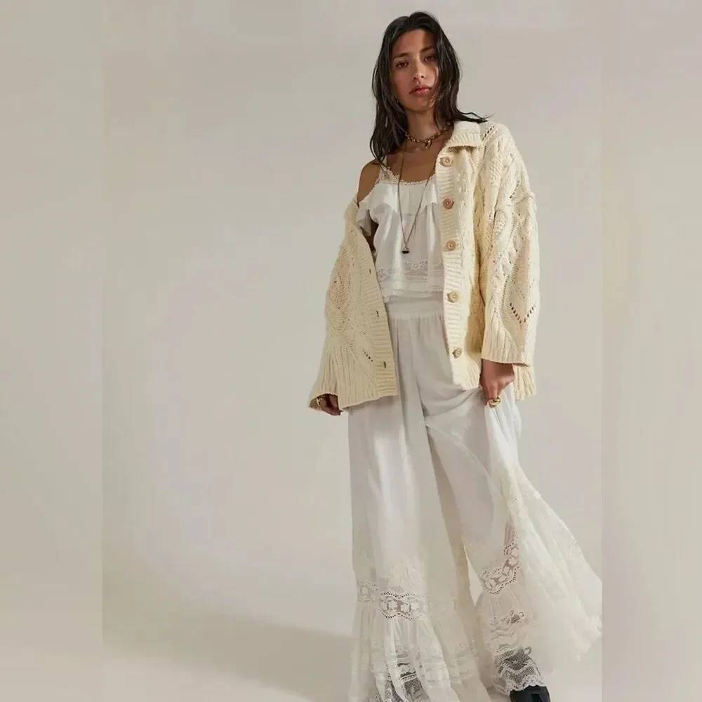 Free People Heart You Cardigan Ivory Button-Up Cardigan Sweater Size Medium